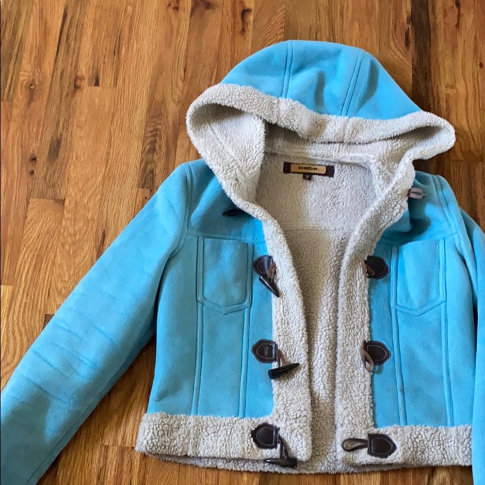 Vintage BEBE suede shearling baby sky blue cropped button up coat size medium